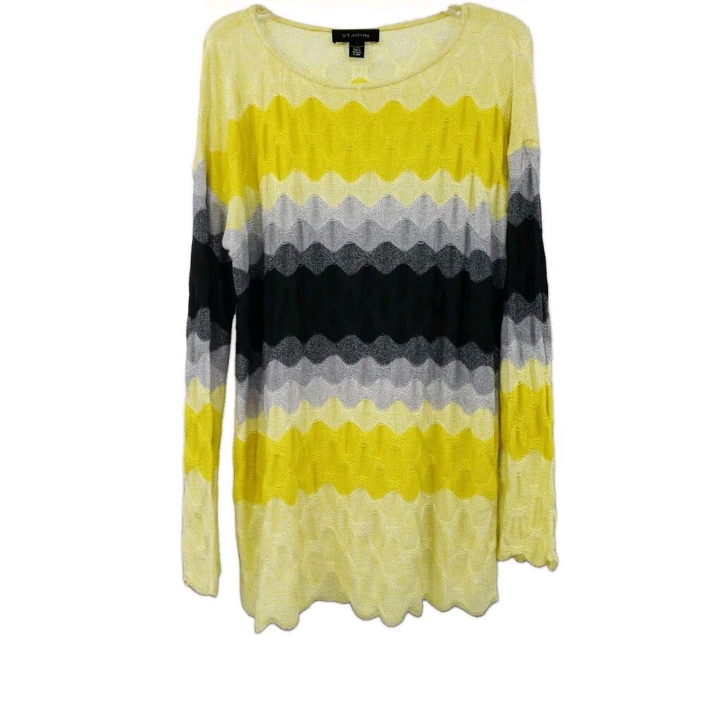 St. John Wavy Tunic Sweater Size L Yellow Gray Wavy Pattern Scalloped Wool Blend